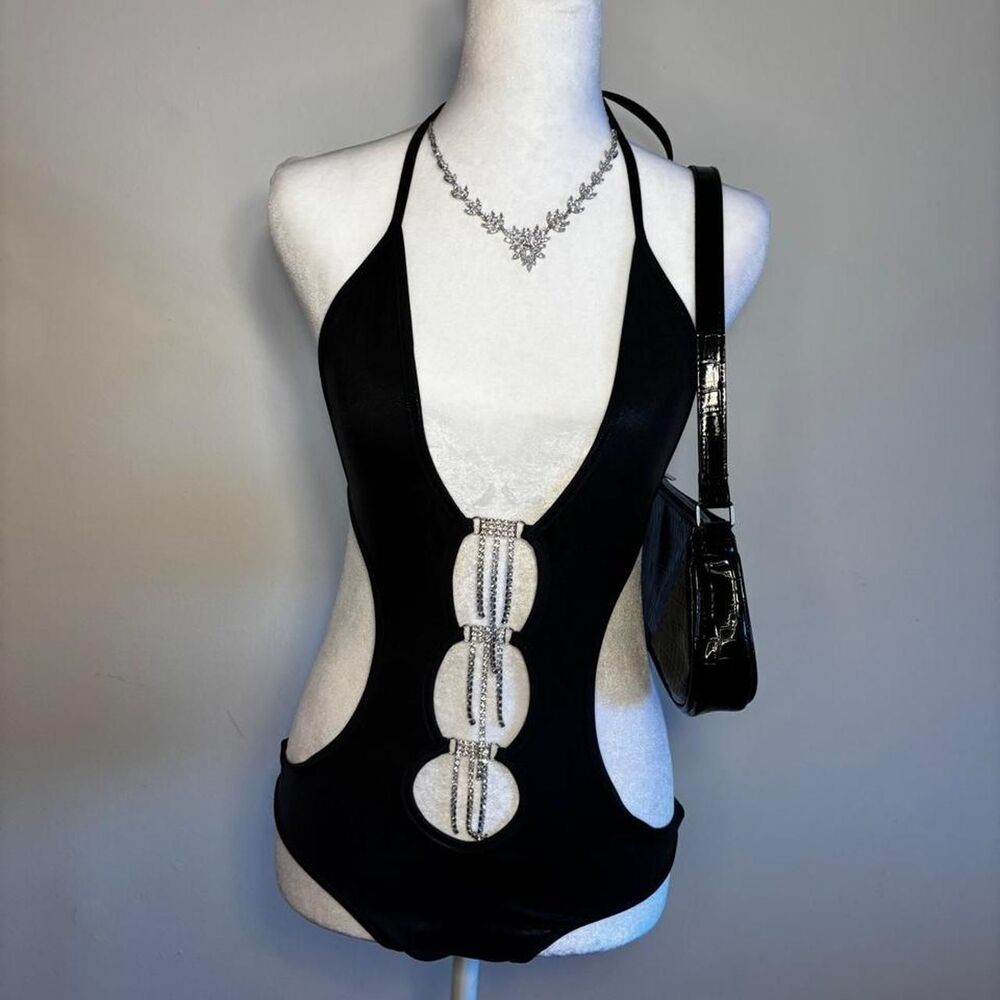 Black Plunge Teddy Bodysuit with Rhinestone Center Strap — Baddie Romantic Goth